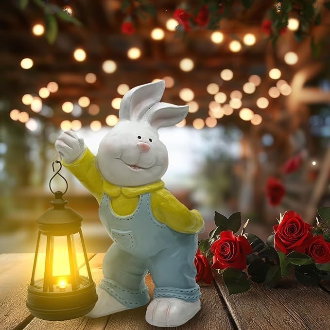 Outdoor Bunny Statue Solar Lantern for Garden Yard Lawn Patio White Rabbit Figurine Decorations Housewarming for Mom Grandma Women