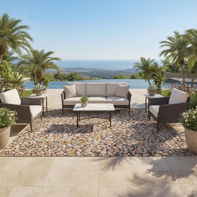 Coastal Beach Pebble Pattern Outdoor Rug 9x12 Washable Reversible Waterproof Thin Easy Clean Durable Beige Brown Outside Carpet for RV Camping Poolside Deck Balcony Garden Low Pile Floor Mat