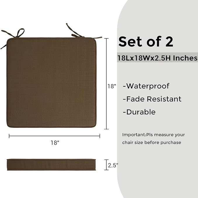 Outdoor Chair Cushions 18x18 Inch,Set of 2,Water Resistant Chair Pads with Ties,Square Seat Cushion 18"x18"x2.5",Patio Chair Cushion for Garden,Backyard Furniture(Coffee Brown)