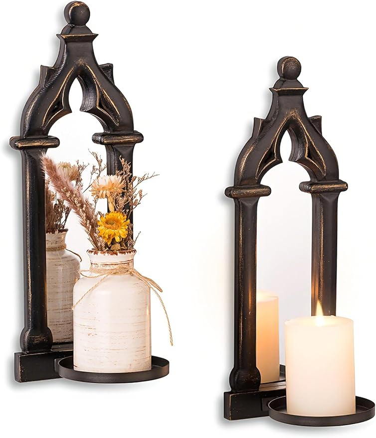 Candle Sconces Black Wall Decor - Gothic Dark Mirror Wall Candle Holder for Halloween Art Decorations - Wood Farmhouse Candles Sconce Set of 2 for Home Fireplace