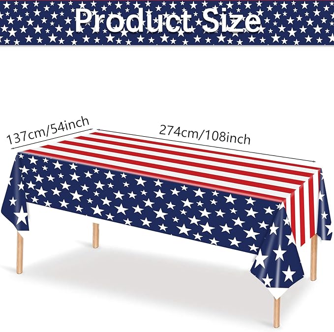 3 Pieces Patriotic Stars and Stripes Tablecloth - 54x108" Disposable Red White Blue American Flag Plastic Table Cover for 4th of July, Memorial Day, Veterans Day and USA-Themed Party Decorations