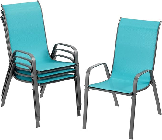 TLSUNNY Patio Chairs, Stackable Textilene Outdoor Dining Furniture for All Weather, with 17.7″ Wide Seat & Metal Frame, for Garden, Backyard, Deck, Restaurant, Poolside (4, Turquoise Blue, 26.4″)
