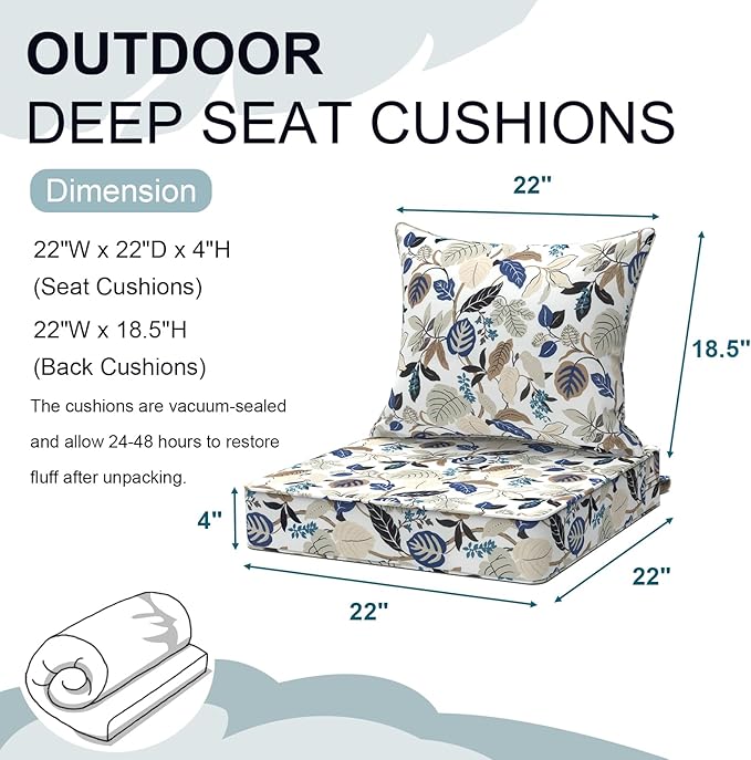 Outdoor Deep Seat Cushion Set, Water Repellent 22"x22" Patio Thick Cushions Replacement with Seat & Back Pillow for Patio Sofa, Wicker Chair, Couch - Breeze Leaves Beige