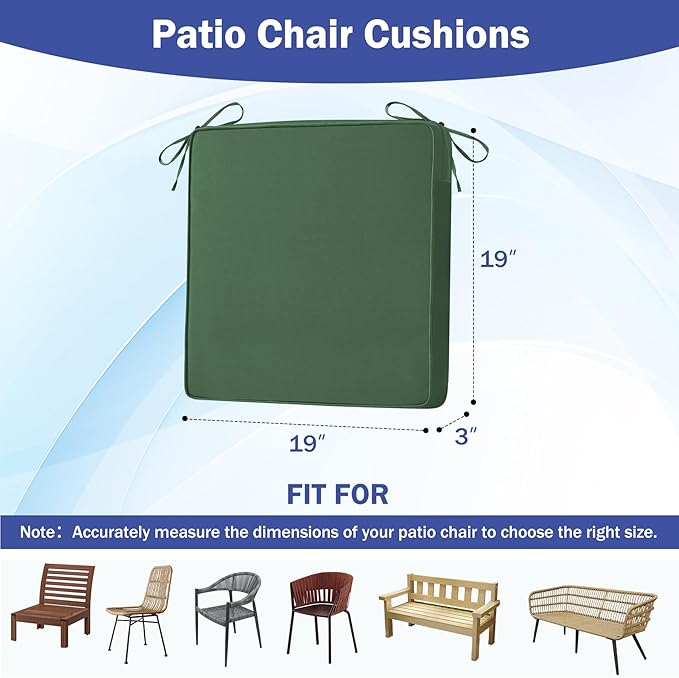 Patio Chair Cushions, 19" x 19" x 3" Outdoor Chair Cushions Set of 4, Waterproof Outdoor Cushions for Patio Furniture, Outdoors Seat Cushions Set of 4 with Handle and Ties, Forest Green