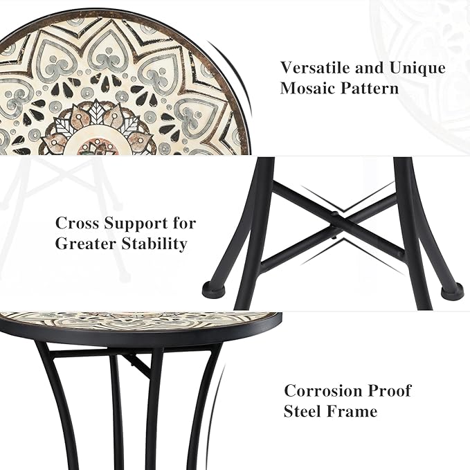 Vipush Mosaic Outdoor Side Table, 14" Round Folding Plant Stand for Patio Garden Backyard Balcony Porch Indoor Accent End Table for Living Room, Ceramic Tabletop with Black Iron, Melard