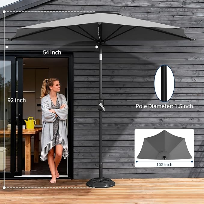 Garvee Patio Umbrella 9FT - Half Umbrella Outdoor with Smooth Crank Lift, Outdoor Shade Canopy for Patio, Backyard, Garden, Deck, Balcony -Gray