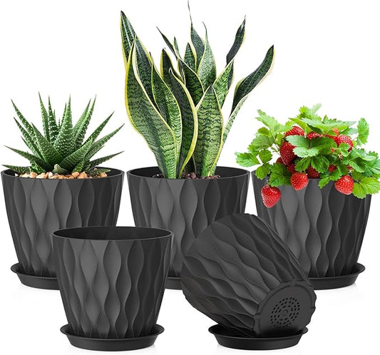 7 inch Plant Pots for Indoor Outdoor Plants, 5 Pack Thick Flower Pots with Drainage Holes and Saucers, 3D Modern Wave Texture Plastic Planter Pots for House Plants, Black