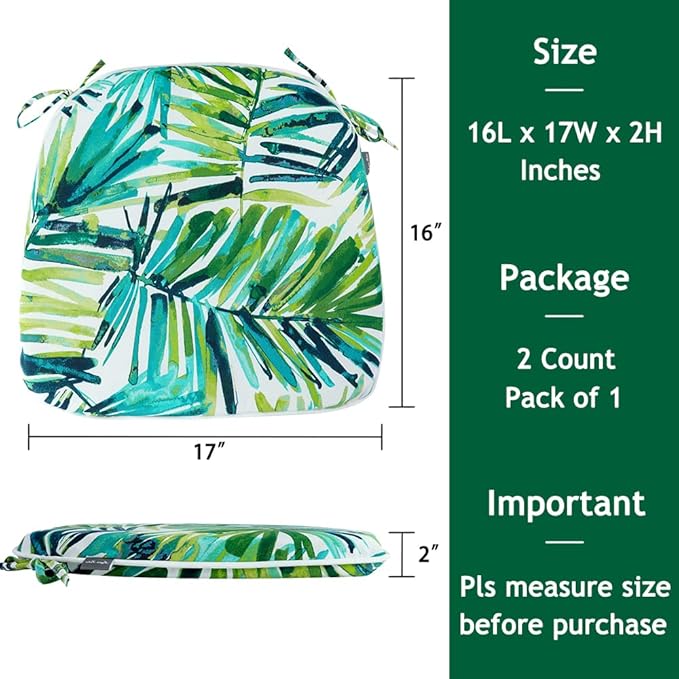 Magpie Fabrics 17"x16"x2" U-Shape Chair Cushions with Ties 2 Count, Outdoor Indoor Waterproof All Weather Seat Pads Decoration for Patio Garden Dining Office - Green Palm Leaves