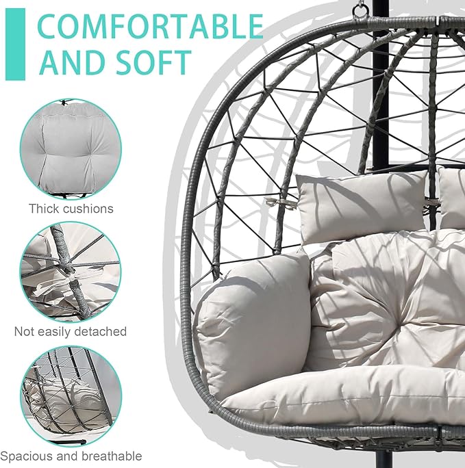 Hanging Egg Chair with Stand Indoor Swinging Chair Outdoor Hammock Egg Chair for Patio, Bedroom, Garden and Balcony (Gray, Large)