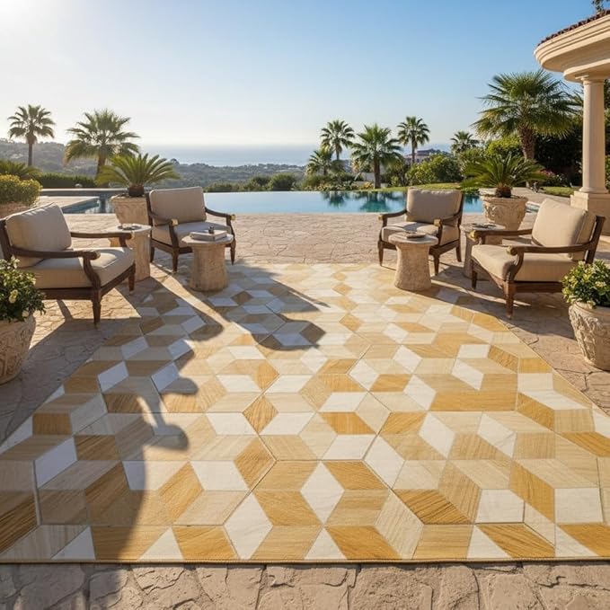 Rustic Imitation Wood Geometric Pattern Wood Grain 7x9 Outdoor Rug Brown Beige Wooden Board Print Outdoor Area Rug for Pool Patio Deck Garden Balcony Porch Non Slip Washable Outside Carpet Mat