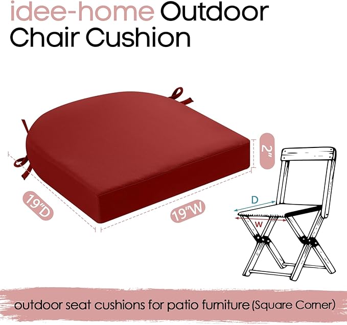 idee-home Outdoor Chair Cushions Set of 2, Thick 19" x 19" x 2" Outdoor Seat Cushions Patio Furniture Waterproof with Ties, Dining Pads