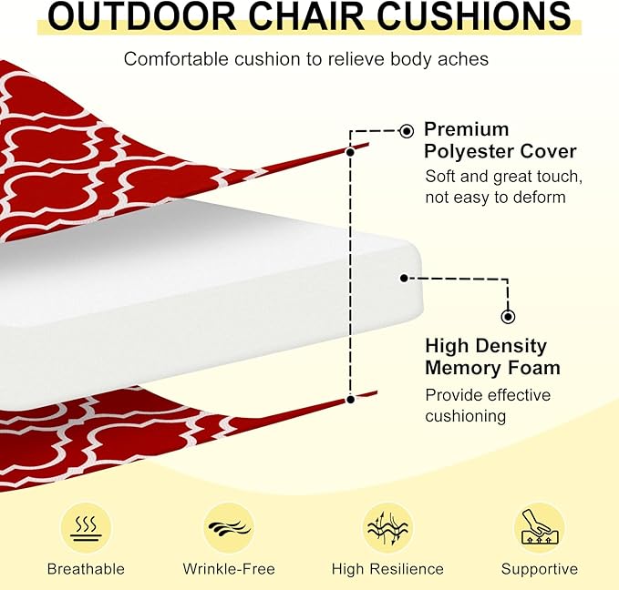 downluxe Outdoor Chair Cushions Set of 4 for Patio Furniture, Water-Resistant Square Corner Patio Chair Cushions with Ties, High Density Foam Outdoor Seat Cushion, 18.5" X 16" X 3", Red Gourd