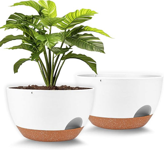 Plant Pots 12inch Self Watering Pots, Set of 2 Plastic Planters with Drainage Holes and Saucers, Flower Pots for Indoor Outdoor Plants (White)