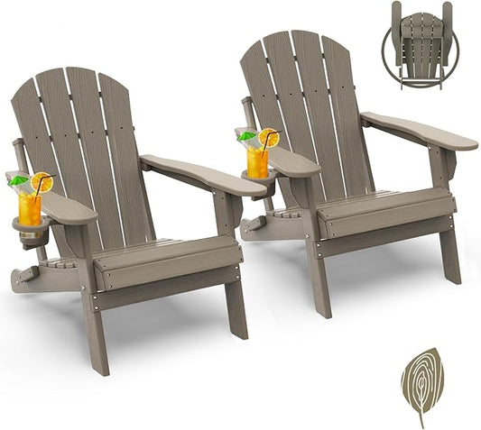 GREENVINES Folding-Adirondack-Chair-Set-of-2 | Wood Grain | HDPE Plastic | Fire Pit Chairs | All Weather | Cup Holder | Desert Brown | for Deck Backyard Patio Outdoor