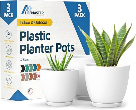 White Plant Pots with Drainage Holes & Saucers 3 Pack, Indoor & Outdoor Stackable Space-Saving Planters for Houseplants & Flowers, (7", 6.7", and 6" Inches), Durable & Weatherproof Materials
