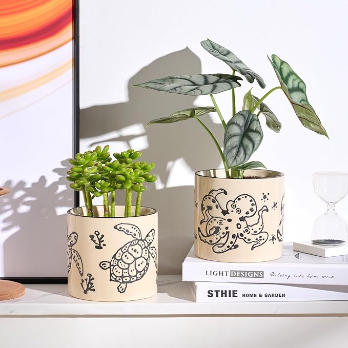 5 Inch Ceramic Plant Pots with Drainage Holes, Small Round Flower Pots for Indoor Plant, Unique Animal Flower Planters (Octopus)