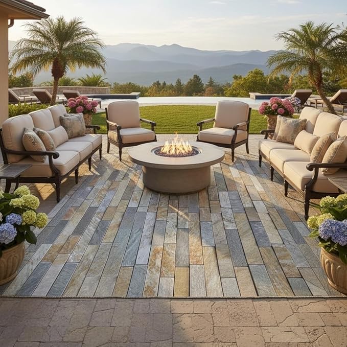 Modern Abstract Beige Brown Grey Stone Brick Texture Outdoor Waterproof Area Rug for Patio Porch Garden Camping Rustic Farmhouse Outside Rugs Washable Carpet 10x14 Balcony Front Yard Deck No Slip Mat