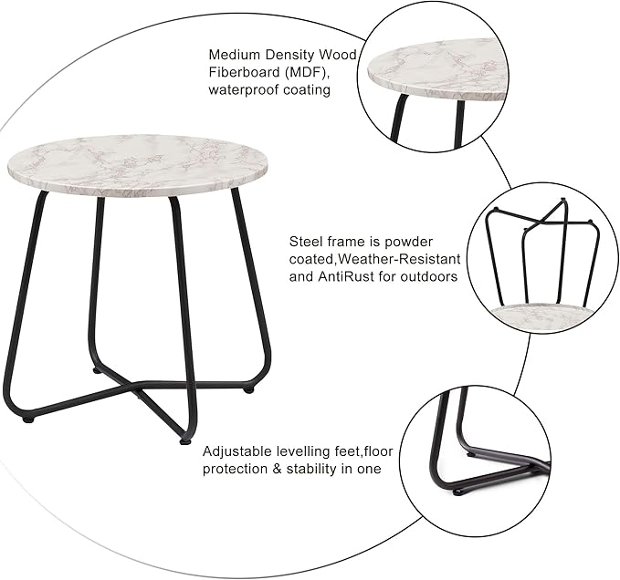 VECELO Outdoor Side Table,17.7 inch Patio Small Round End Table,Waterproof Wood Table with Weather Resistant Steel Adjustable Feet for Living Room Bedroom Garden Yard Balcony Porch Poolside