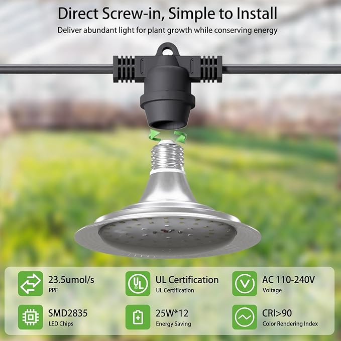 Outdoor LED Grow Light, Waterproof String Plant Growing Light, 41 FT Full Spectrum Growth Light, Suitable for Garden, Farm, Flower, Seedling Greenhouse Grow Light (12 Light)