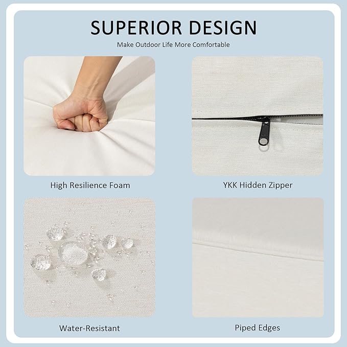 24x24 Inch Outdoor Deep Seat Cushions Set of 2,Thick High-Density Foam, Water-Resistant, Piped Edges & YKK Hidden Zipper for Patio Furniture,Almond