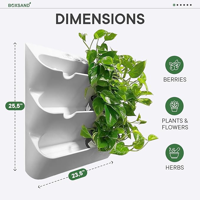 BOXSAND-12 Vertical Wall Planter (24"x26", White with Black Pots) – Living Wall for 12 Plants, Indoor/Outdoor Vertical Garden System, Easy 2-Screw Install