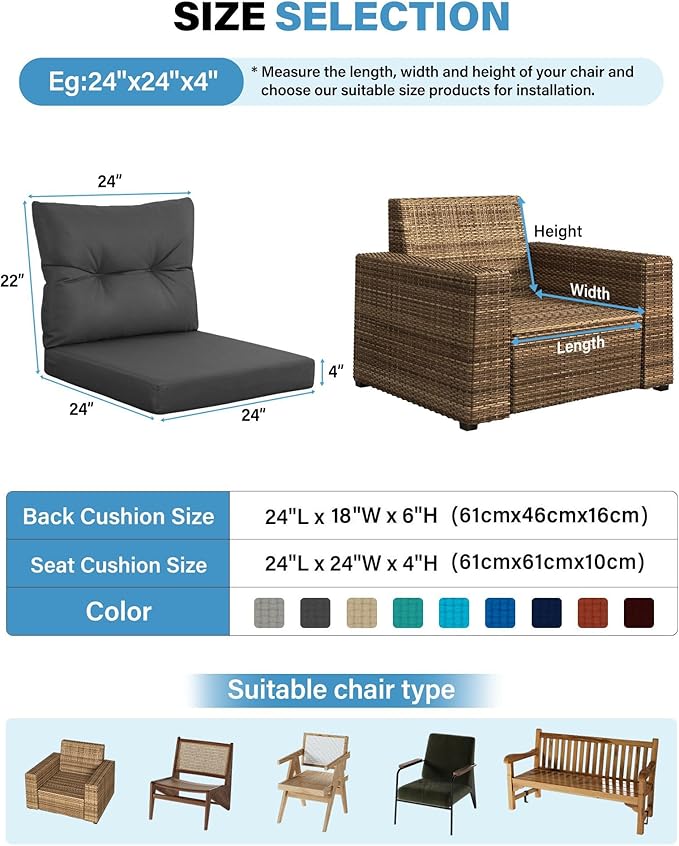 YEFU 24x24 Outdoor Cushions for Patio Furniture: Waterproof Fade Resistant Outdoor Seat Cushions Set of 2 - Olefin Deep Seat Paio Cushion Pads Replacement with Ties for Chair Sofa Couch(Dark Gray)