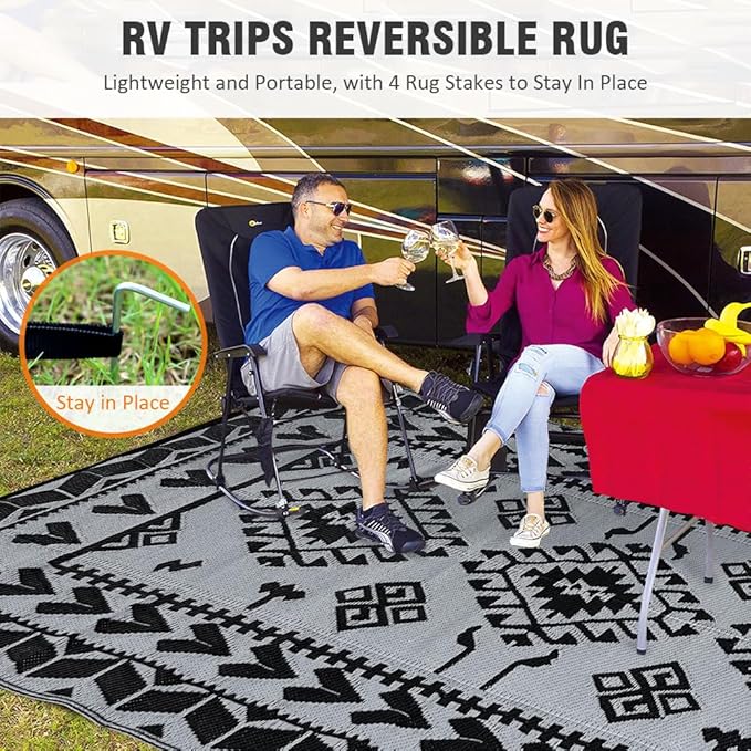 Pendolr Outdoor Rug 9’x12’ for Patios Clearance Waterproof Carpet Large RV Rugs Camping Rug Reversible Outside Rug for Patio Balcony Deck Backyard Picnic Beach Black&Gray 04#
