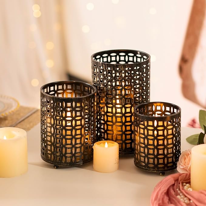 Metal Candle Holders Set of 3, Decorative Tealight Candle Holder Sets, Candlestick for Pillar Vintage Style Perfect for Tabletop Centerpieces Home Decor Wedding Parties Events