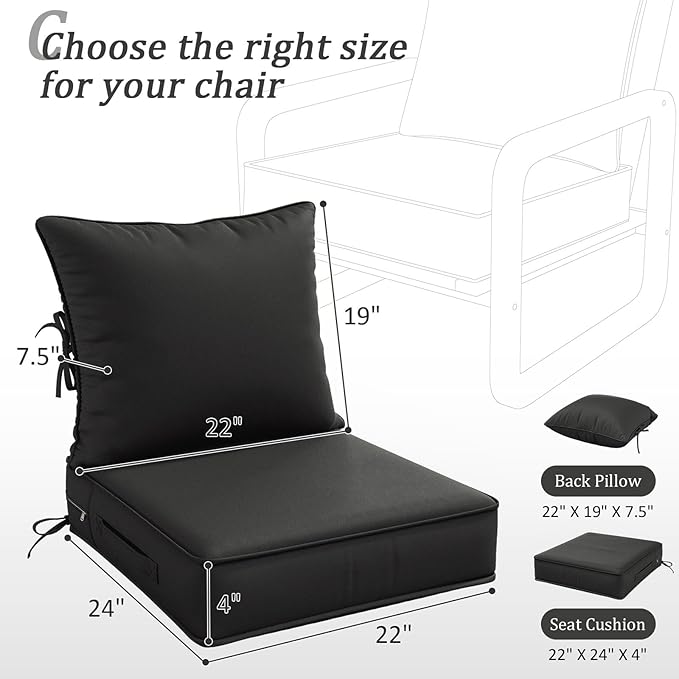 Outdoor Patio Chair Cushions Set 22 L X 24 W X 4 H Waterproof & Fade Resistant Deep Seat and Back Cushions with Removable Covers Outdoor Seat Cushion Set for Chairs and Sofas