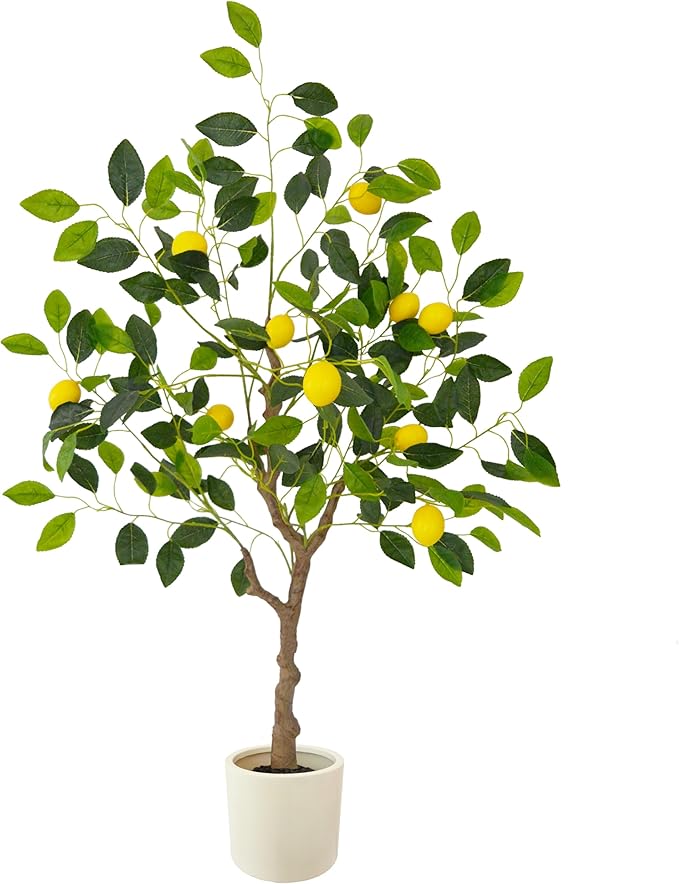 Artificial Lemon Tree, 4ft Tall Fake Lemon Silk Plant with White Planter, Faux Lemon Plastic Fruit Tree for Indoor Home Decor Office Living Room