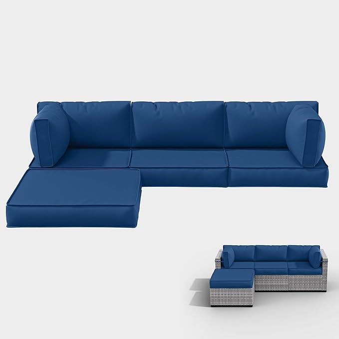 Outdoor Cushions for Patio Furniture with 5 Pillows, Waterproof Patio Furniture Cushions Replacement, 4" Deep Seat Outdoor Sectional Cushions for 4-seat Patio Furniture Chair Sofa Couch,Blue