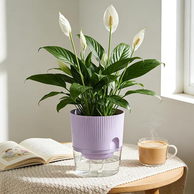 Self Watering Pots for Indoor Plants, 4 Pack 5.7 Inch Flower Pots with Deep Reservoir & Drainage Holes, Yellow Purple Plastic Planters with Water Level Window for Succulents Orchids