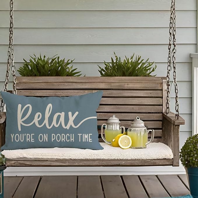 PANDICORN Decorative Throw Pillow Covers 12x20 Inch Relax Porch Time Dusty Blue Outdoor Rustic Farmhouse Lumbar Decorative Throw Pillow Cases Decorations for Patio Sofa Couch Decor