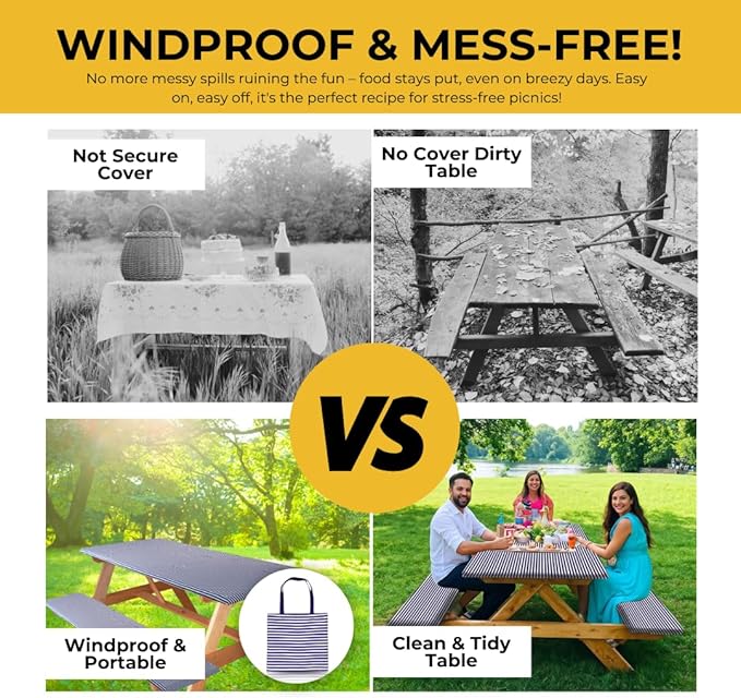 RNOONY 6ft Polyester Picnic Table Cover with Bench Covers Windproof & Waterproof Tablecloth, Perfect Camping Gifts RV Essentials, Cool Camping Gadgets, with Carrying Bag, 72x30 Inch 4Pcs,Blue Striped