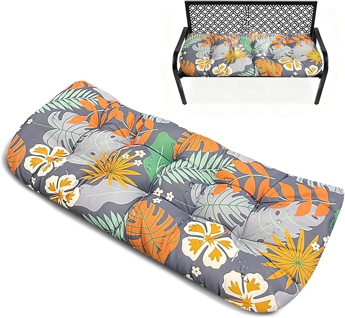 Patio Bench Tufted Cushion with Tie Outdoor Loveseat Cushion for Porch Garden Patio 51x 20 Thicken Bench Cushion for Porch Swing Wicker Loveseat,Orange Flower,