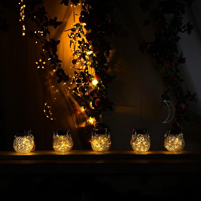 Cooo 2 Pack Valentines Day Gifts for Him Her Solar Lanterns Waterproof Outdoor Heavy Crackle Glass 30 LED Warm Firefly Lights Solar for Women Mom Grandma Outdoor Table Lamps Garden Yard Decor
