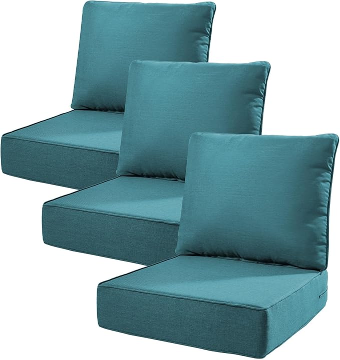 6" Thick Outdoor Cushions 22x24x6, 3-Set Deep Seat Patio Cushions with Removable Cover, Waterproof & Fade Resistant Replacement for Wicker Chair, Loveseat, Sofa - Peacock Green