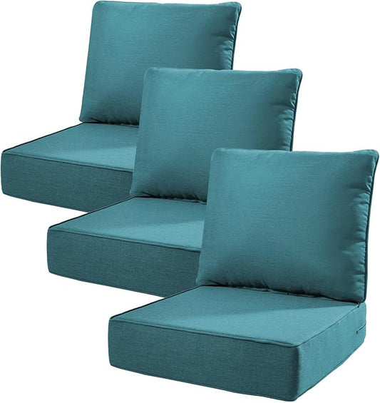 6" Thick Outdoor Cushions 22x24x6, 3-Set Deep Seat Patio Cushions with Removable Cover, Waterproof & Fade Resistant Replacement for Wicker Chair, Loveseat, Sofa - Peacock Green