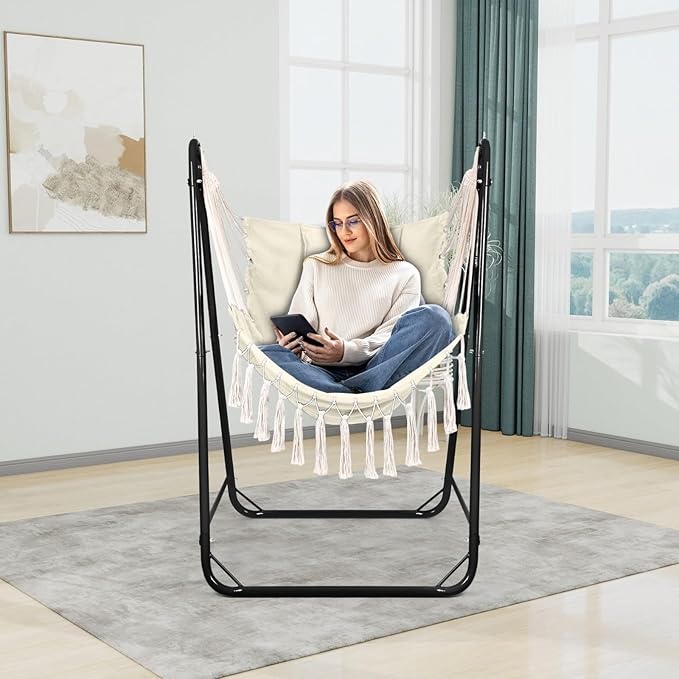 Hammock Chair with U Shape Stand, Cotton Swing Chair with Side Pocket, Heavy-Duty Metal Frame with Hanging Seat, Multi-Functional Swing Stand for Indoor and Outdoor Patio Yard Garden (Blackwhite)