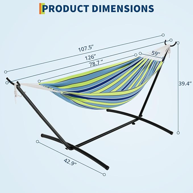 Double Hammock with Space Saving Steel Stand Included - 2 Person Camping Hammock with Carry Bag, Outdoor Portable Hammocks, 450lb Capacity, Standing Hammocks for Garden Yard-Blue and Green