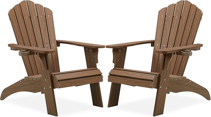 Psilvam Oversized Adirondack Chair, Fade-Resistant & Odor-Free Poly Lumber Fire Pit Chairs with Cup Holder, Weatherproof Lawn Chair, Installs in 15 Min Patio Chair, 350 Lbs Support (2, Light Brown)