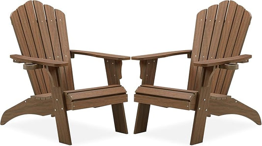 Psilvam Oversized Adirondack Chair, Fade-Resistant & Odor-Free Poly Lumber Fire Pit Chairs with Cup Holder, Weatherproof Lawn Chair, Installs in 15 Min Patio Chair, 350 Lbs Support (2, Light Brown)