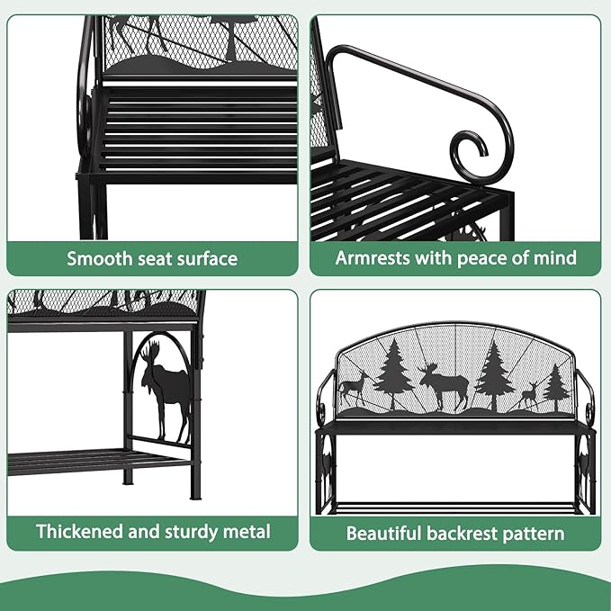 Outdoor Bench, Garden Bench with Backrest and Armrests, Patio Bench with Forest Series Pattern, Anti- Rust Thickened Metal Bench Outdoor for Garden, Yard, Patio, Porch, Lawn and Park