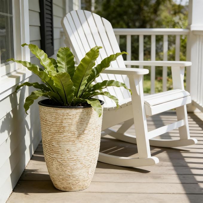 WORTH Garden 2-Pack 21" H. Beige Tall Planters with Inside Pots - 14'' Dia Plastic Large Round Plant Tree Pots - Decorative Imitation Stone Finish for Indoor Outdoor Front Porch Container Patio