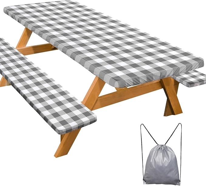 Picnic Table Cover with Bench Covers 6FT 3 Pcs Waterproof Windproof Aesthetic Camping Tablecloth with Drawstring Bag, Fitted for 6 Foot Rectangle Tables and Seats, 72 inch, White Grey Checkered