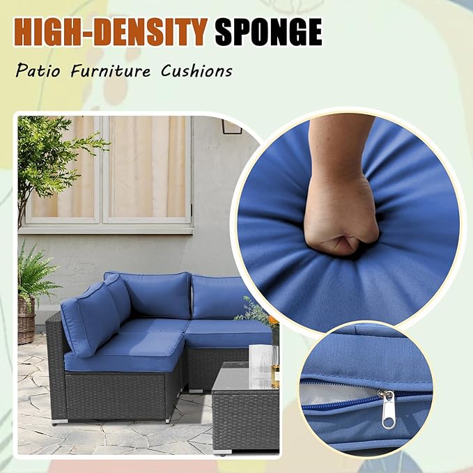 14Piece Outdoor Sofa Cushion Replacement Patio Furniture Waterproof Cushion with Zippers fit 6-Seat Outdoor Wicker Rattan Sectional Couch (Blue, 25.6"x25.6"x3.9")
