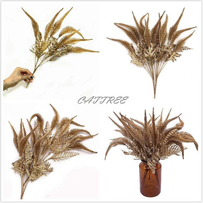 CATTREE Artificial Plants for Christmas, Plastic Grass Faux Shrubs Fake Leaves Simulation Setaria Bushes Home Indoor Outdoor Garden Wedding Festival Decoration Hall Table Planter Filler – Gold 2 Pack