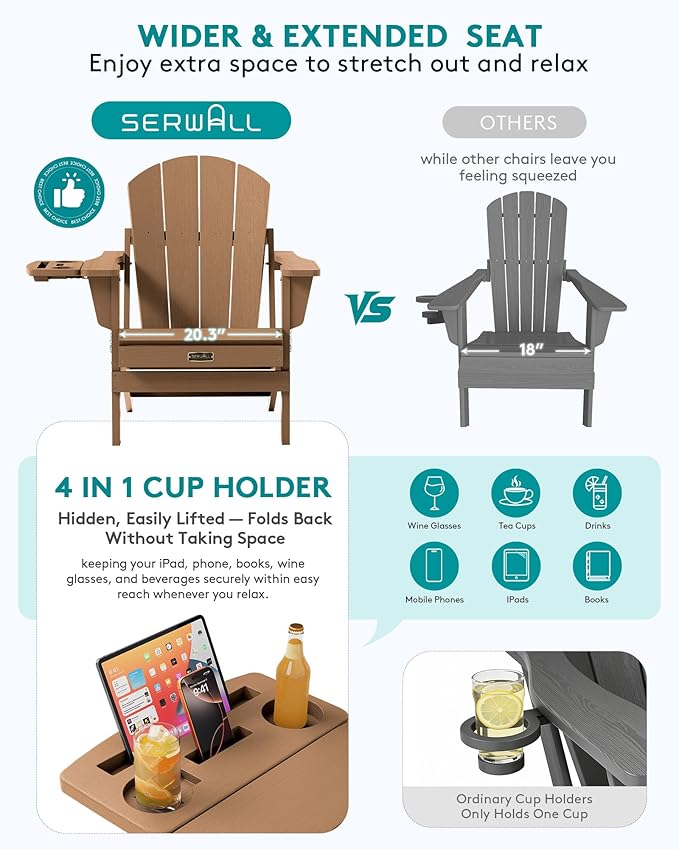 SERWALL Folding Adirondack Chair Set of 2, Outdoor Chairs with 4 in 1 Cup Holder, Wood Texture Adirondack Chairs, Weather Resistant Fire Pit Chairs for Patio Deck Garden, Backyard - Brown