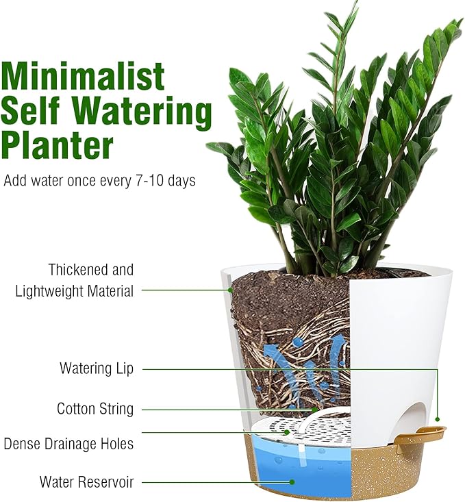 WOUSIWER Plant Pots, 7/6.5/6/5.5/5 Self Watering Plastic Planters with Deep Reservior and High Drainage Holes for Indoor Outdoor Flowers Plants, White with Terracotta