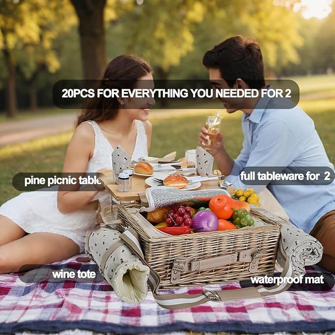 Multifunctional Wicker Picnic Basket Set for 2 with Blanket and Picnic Table, Insulated Picnic Set with Full Tablewares for Camping Outdoor Couples,Cherry